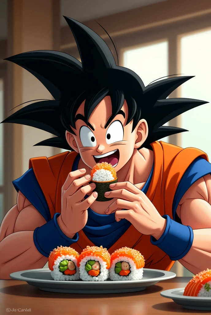Goku eating real sushi roll maki