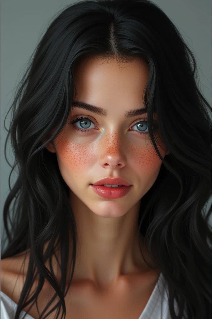 high resolution, masterpiece : 1,2), (realistic : 1,37), (best quality, high resolution, ultra-detailed girl, realistic) Femme de 18 ans aux cheveux noirs et lisses comme la couleur ébène ainsi que ses yeux bleus cristallins et ses tâches de rousseur. She has a slightly tanned complexion..
