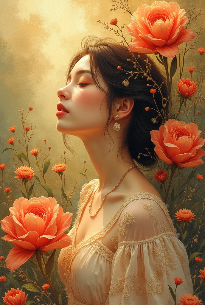 Woman with flowers surrealistic drawing with golden color