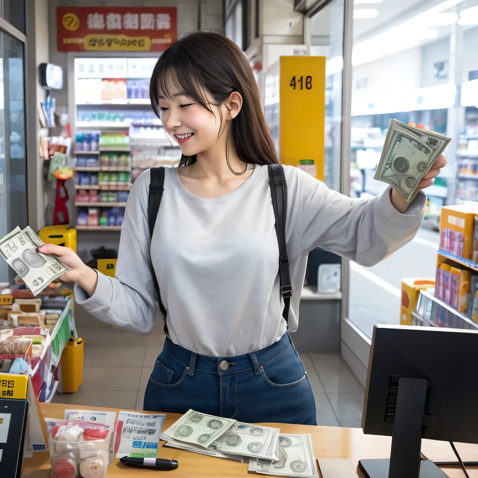 A part-time female worker counting money at a convenience store. This part-time worker is happy.