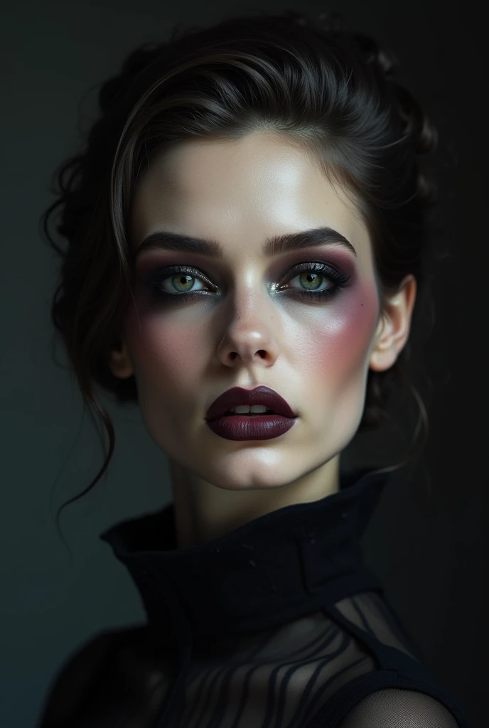Create a makeup look that evokes solitude and nostalgia with a dark palette.
Skinned: Start with a matte foundation in a neutral or slightly cool tone.. Apply a contour in shades of gray or dark brown to create a smoky, shadowy effect., giving a sense of depth and introspection.
eyeballs: Apply dark shadows, como negro, charcoal gray and dark brown, to create a deep and melancholic look. Use a black eyeliner to create a subtle, smoky line on your upper lids., and add some dark shadow on the lower waterline. For a nostalgic touch, add a light shimmer in silver or graphite tones to the inner corner of the eyes, creating a distant memory effect.
eyebrows: Paint your eyebrows a dark shade, como negro ou marrom profundo, to intensify the expression and accentuate the feeling of melancholy.
lips: Apply a dark lipstick, like deep wine, purple or brown, with a matte finish for a sophisticated and introspective look. Use a slightly darker lip liner to define your lips and add depth..
Additional Detail: Add a touch of dark gray or silver shadow along your cheekbones to create a subtle glow that recalls a distant memory., without losing the aura of nostalgia.
Environment and Lighting: Softly highlight to accentuate makeup texture without overshadowing dark tones, creating an environment that evokes introspection and longing.