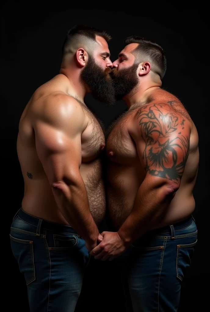 "8KUHD Very Realistic Very Detailed High Quality Create a professional studio-style photograph featuring two 4 men, burly, hairy, beared big daddy bear, and very realistic detailed rugged man and his husband in boxers. beards, very realistic hair, very realistic beards, very realistic thick chubby fat neck, very realistic neck details, very realistic neck lines, very realistic belly, very realistic chest, very realistic strong chest and arms, very realistic hairy chest and arms, very realistic pecs, very realistic burly body, very realistic nipples, very realistic burly body, very realistic face, very realistic eyes, very realistic nose, very realistic ears, very realistic facial features, very realistic arms, very realistic hands, very realistic wrists, very realistic fingers, very realistic fingernails, very realistic shoulders, very realistic mouth, very realistic lips, very realistic detailed skin, very realistic skin, very realistic mens clothing, very realistic detailed mens clothing. A very realistic man and his husband are kissing each other, very realistically kissing each other, in a very realistic romantic and virile scene. Very Realistic Intricately Detailed, Utilize all appropriate lighting techniques for studio photography. The background should be black." No Deformities, HDR