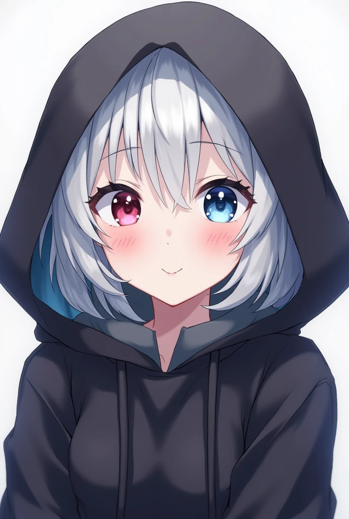 High resolution, Shortcuts, Silver Hair, Odd Eye, Simple Background,  Anime Style, blue eyes, Red eyes, Hood worn, Blushing, 