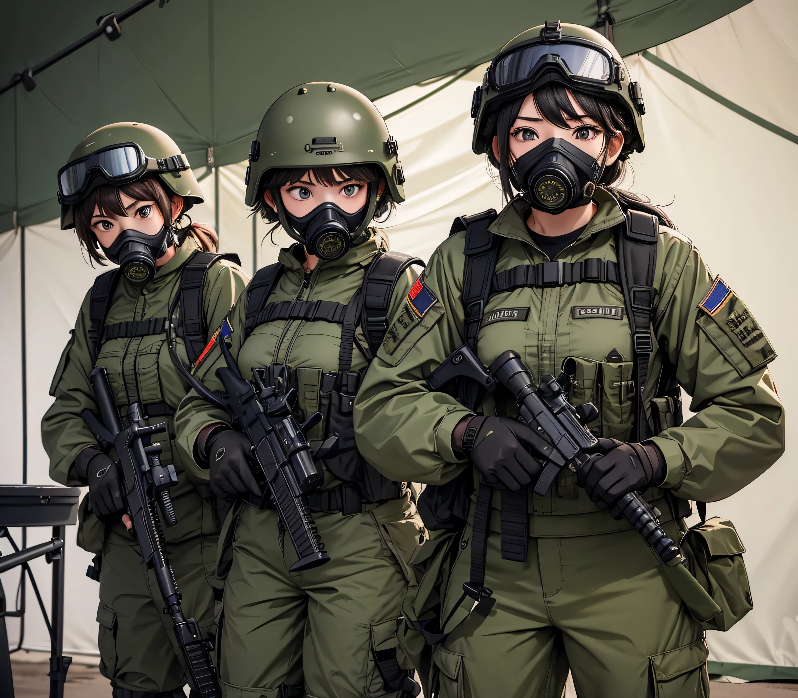 A group of female special forces soldiers in a military tent、Wear solid color military uniform、Wear a steel helmet、Wear goggles、wearing gas masks、Individual equipment set、Knee pads、Write details、masterpiece、best quality、Highly detailed CG、8K picture quality