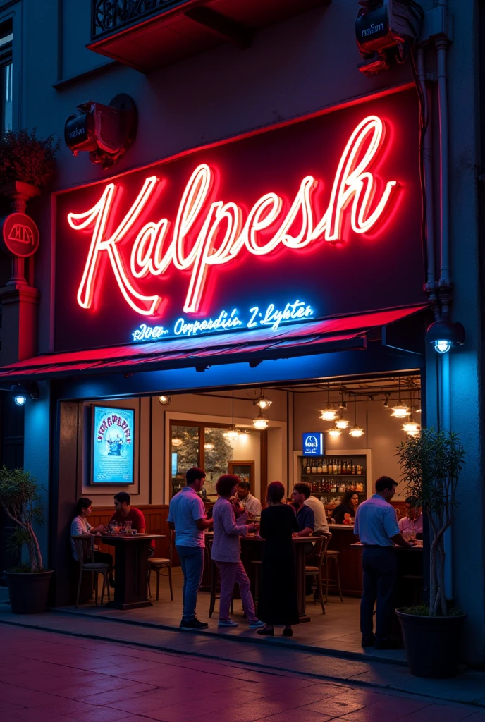 Kalpesh name calligraphy in unique way in neon light red and blue effect on building board on shope people around it cafe name