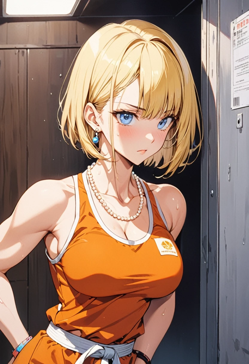 masterpiece, Highest quality, High resolution, (Artificial Human Room No. 18),1990s \(style\),(E-cup beautiful breasts)、height: 170cm,Sweating all over the body、Muscular、((sexy))、(Browsing Caution),独奏,Anime-style painting style, Blonde, blue eyes, Orange karate uniform,Pearl_necklace, bracelet, short hair, Earrings,Composition focusing on the upper body,(Cool face)、(Pointed Eyes)