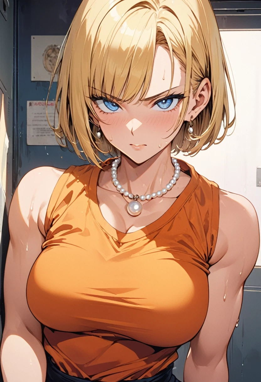 masterpiece, Highest quality, High resolution, (Artificial Human Room No. 18),1990s \(style\),(E-cup beautiful breasts)、height: 170cm,Sweating all over the body、Muscular、((sexy))、(Browsing Caution),独奏,Anime-style painting style, Blonde, blue eyes, Orange karate uniform,Pearl_necklace, bracelet, short hair, Earrings,Composition focusing on the upper body,(Cool face)、(Pointed Eyes)