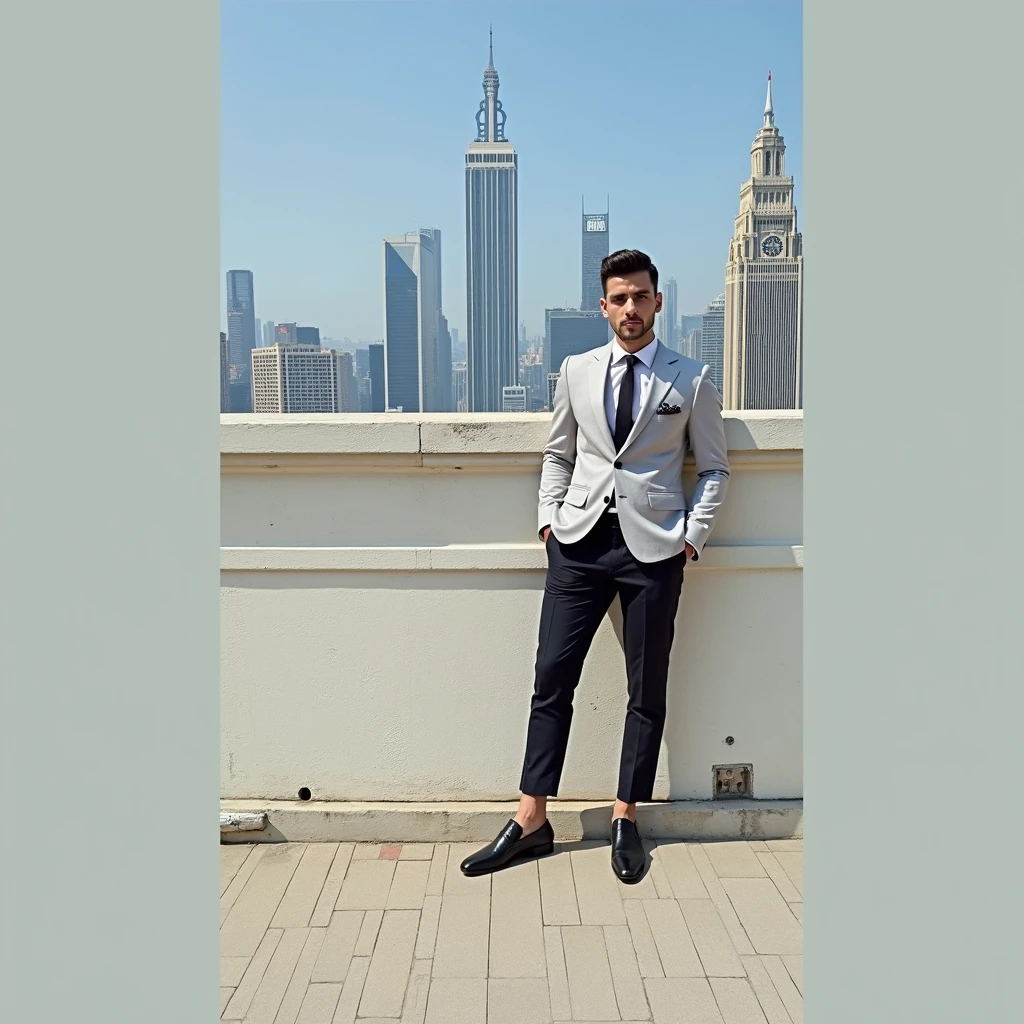 I want to edit my photo handsome boy in suit and in that good background with buildings 