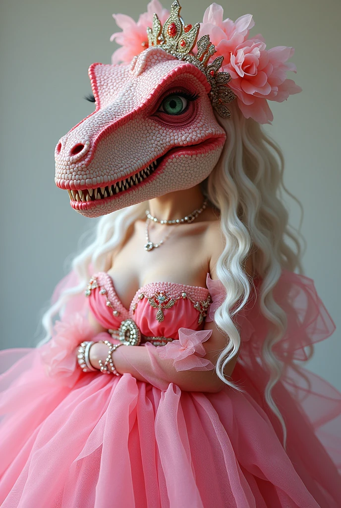 Pink tyrannosaurus rex with green eyes and red lipstick pink dress and long white hair