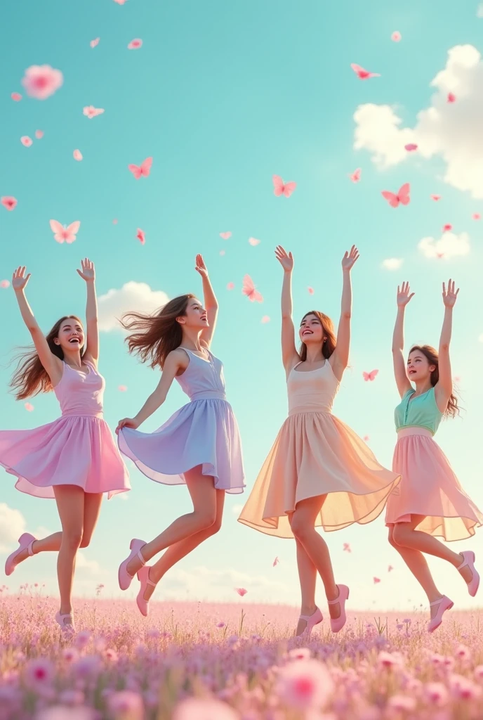 4 girls with pastel clothes different poses