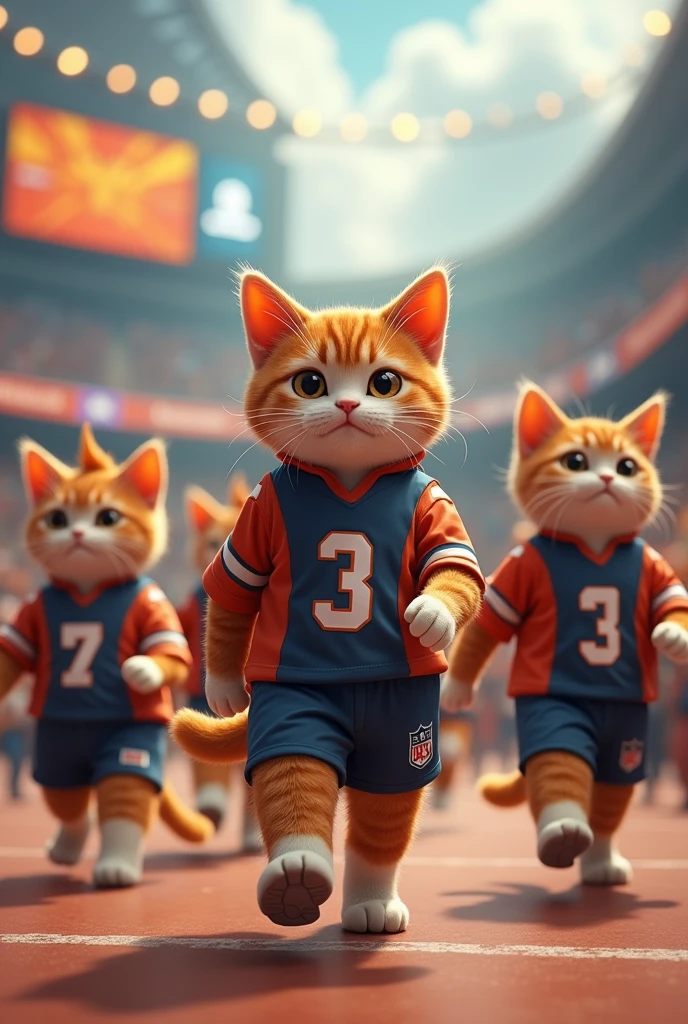 The main character, a cat, is heading to the venue for a sports event with his cat friends.。Cats in uniform、Each person's name is written on the back。Demonstrating the results of hard work、I'm attending a competition。