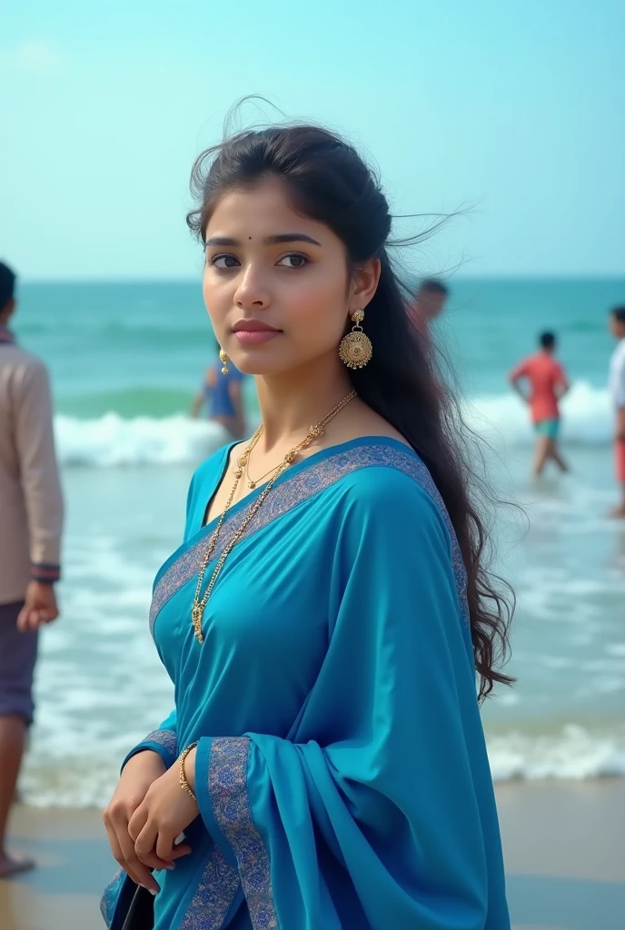 A bangladeshi young sexy girl wearing blue coloured sharee and blouse in the sea beach.There are crowd in the beach.color of the water was blue.Big waves of water are also noticeable. She was seen from a far away.