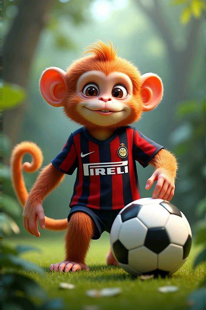 A monkey with a soccer ball wearing an Inter Milan shirt