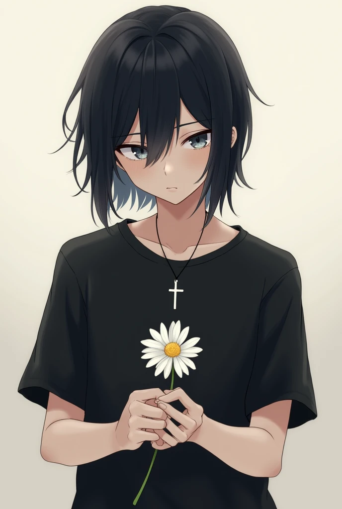 Boy with long black hair, black t-shirt with cross on neck, holding a white flower