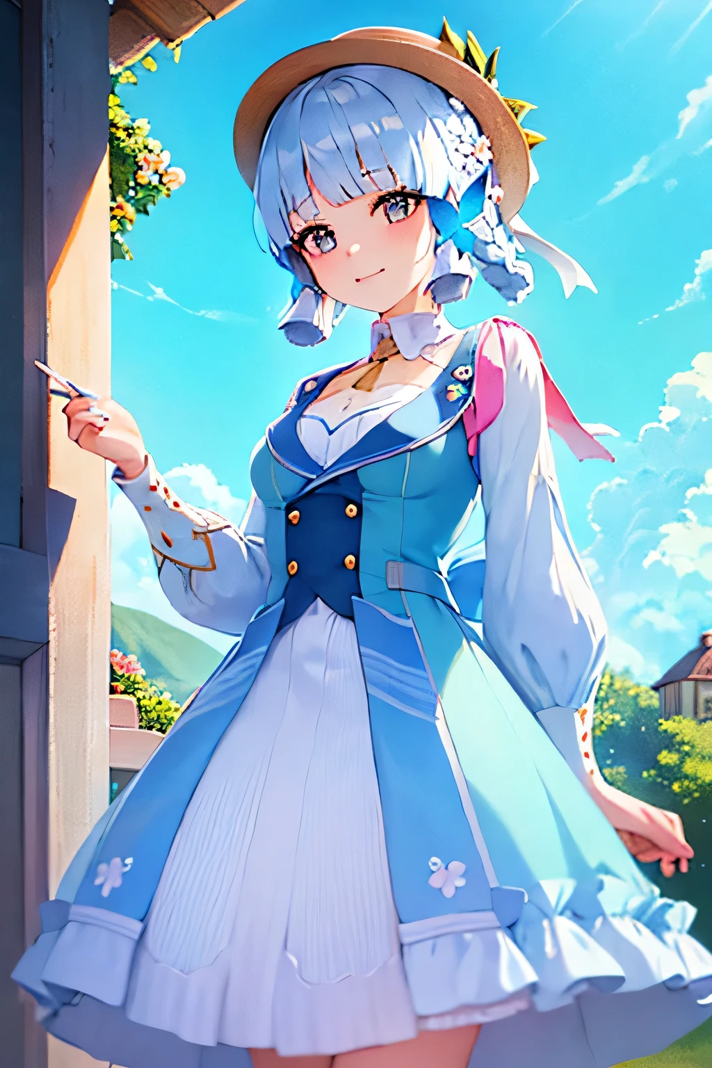 (Realistic painting style: 0.9), (Fake traditional media: 1.0), masterpiece, best quality, bokeh, depth of field, sideways, looking to the side, kamisato ayaka (springbloom message), kamisato ayaka, official alternative hairstyle, official alternative costume, blunt bangs, butterfly hair ornament, hair flower, blue dress, 1 girl, butterfly, gray eyes, flower, hair ornament, light blue hair, outdoors, ground, hat, sky, blue nails, cloud, bangs, long sleeves, holding, looking at viewer, blue butterfly, defocused, braid, dress, daytime, defocused foreground, blue sky, breasts, medium breasts, cloudy sky, blush, holding, pink flower, smile, closed mouth, 