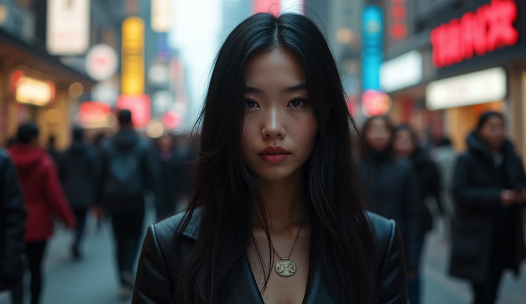 (masterpiece, best quality:1.2), (crowded, busy street filled with people:1.4), (woman walking confidently, sharp focus:1.3), (black hair, straight:1.3), (blurred people, background noise and distractions:1.3), (calm, resolute expression:1.3), (purposeful movement, unfazed by surroundings:1.3), (glowing smartphone screens, soft diffused city lights:1.2), (low-angle shot, emphasizing strength and determination:1.3), (8K, ultra-detailed, hyper-detailed, RAW photo quality, Unreal Engine rendering:1.3)
