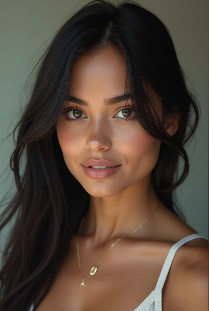 A (beautiful) young (Brazilian girl:1), (extremely pale skin), (black straight hair), (small pointed nose, full lips, pointed chin, small face) ((((Fascinating body, slim waist and thick hips, beautiful long thick legs, great ass, healthy body))). 1, posing with confidence.