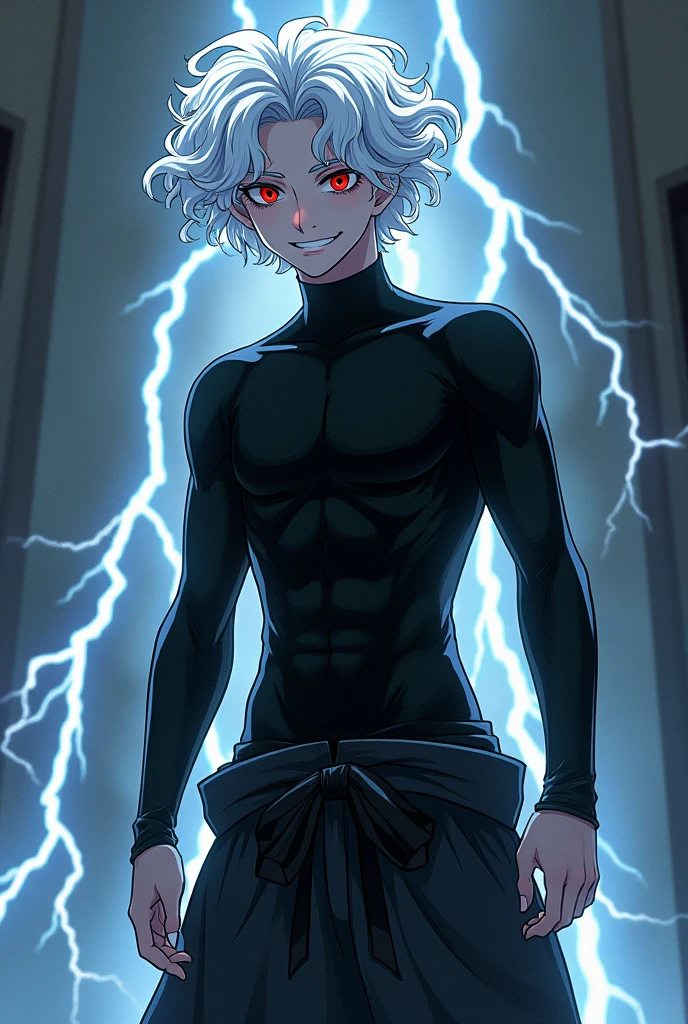 Half-dark anime boy, physically weak with white curly hair, he wears a black compression shirt and black harem pants too, he has lightning power and a sadistic smile