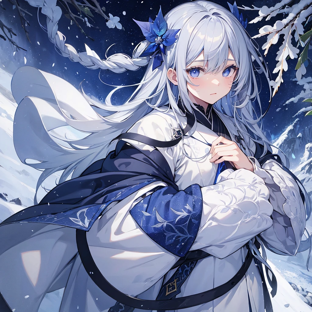 One Boy、Gray Hair、Lapis Lazuli Eyes、snow、Holly leaf patterned clothing、Icon Orientation