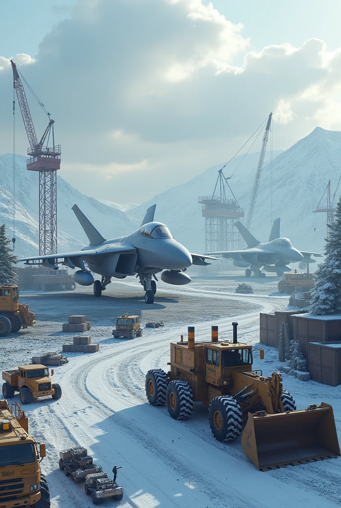 I airport construction site wit awesome winter weather with number of fighet jets. As well as big machine are there