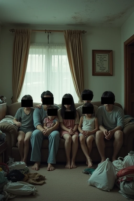 In this photo, there is a group of people sitting on a sofa in a living room. The group includes children and adults. The faces of the individuals in the photo are obscured with black bars for privacy. The room appears cluttered, with various items and bags scattered on the floor and furniture. The curtains are drawn, and there is some writing on the wall in a frame. The ceiling shows some stains or marks, which suggests possible damage or wear. The overall lighting in the photo is dim, creating a somewhat dark and muted atmosphere.
