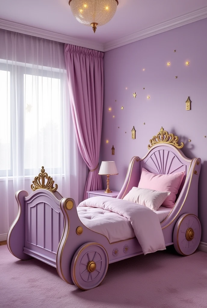Celina's room turned into a real princess castle. The walls were painted a soft shade of lilac., and we applied castle stickers, carriages and a huge crown on the bed. She chose a carriage-shaped bed, with golden details reminiscent of a fairy tale. The curtains were light, with little sparkles that twinkled when the sunlight came through the window.