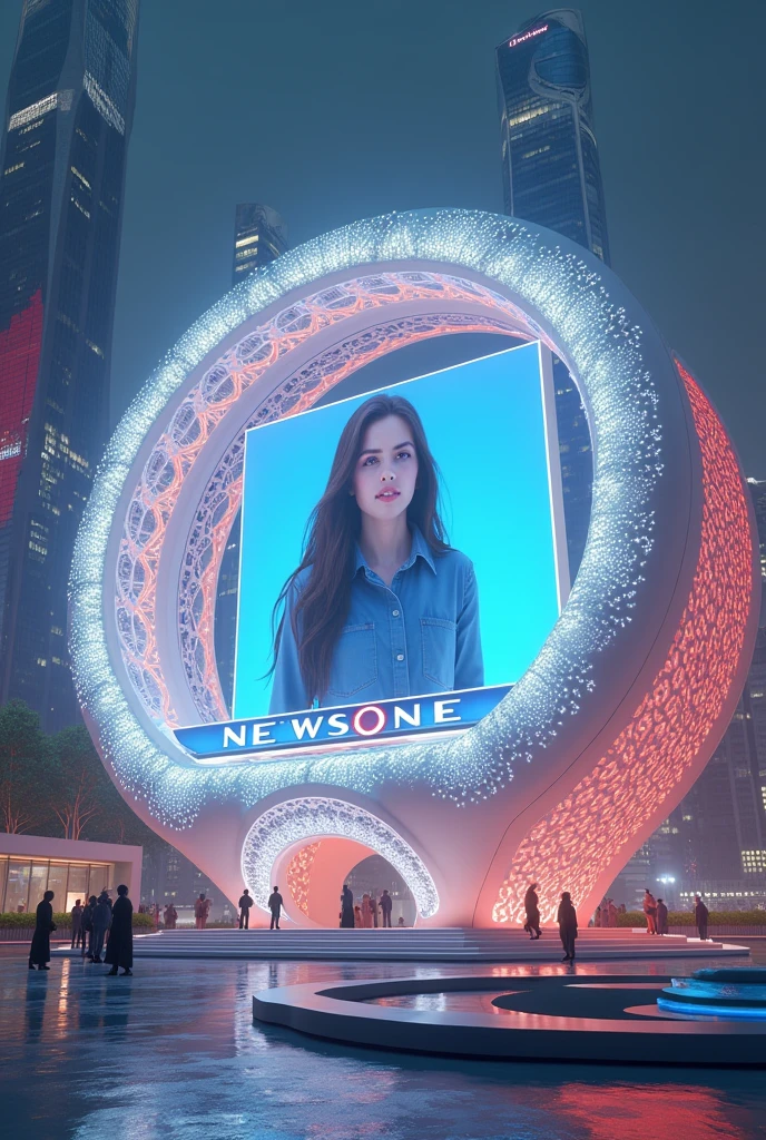 Futuristic white lattice structure,
Nighttime, illuminated building ,large curved screen showing holographic Hailee steinfeld, face with long hair presenting news tv show,news banner on screen showing word ‘news one’,White and red organic Lattice architecture,skyscraper,futuristic city views,Neo futurism,large futuristic buildings,Black Lattice walls, ,modern
architecture ,ultra HD,intricate details,3d render,hyper maximalist, lens flare,High-definition, Premium, Superior, Professional, Flawless, Exquisite, High-end, Photorealistic, Textured, Impressive, Hyperrealistic, High- resolution, Lifelike, Masterpiece, High dynamic range (HDR), PBR (Physically Based Rendering), Post-processing effects, Dynamic composition, Ray tracing, Ultra detailed, High quality, Sharp focus, Translucency, Naturalistic, Organic textures, Highly detailed, Details, Full HD, Depth of field, Realistic lighting ,Huge space portal,Photorealistic(Polaroid, Kodak Portra 800,Hyperrealistic, photorealistic, lifelike, PBR (Physical Based Rendering), Specular highlights, Post-processing effects, Highly detailed, 8k, Ray tracing, V-Ray, Ultra- detailed, Depth of Field, Cinematic, Realistic lighting