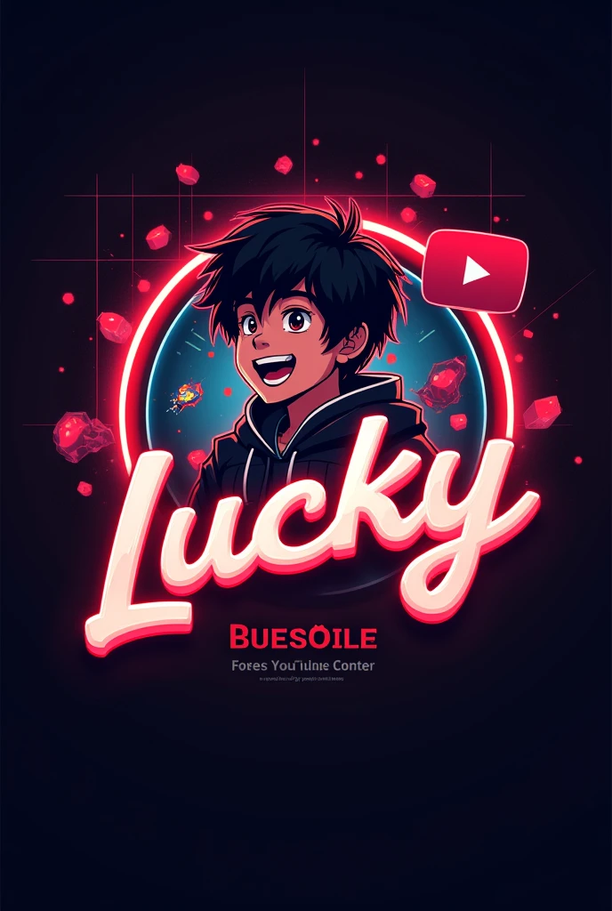 This is a gaming logo that features the name " LUCKY " in a futuristic font and a neon Red color. and Boy Anime avtar, The logo also has a stylized controller icon and a YouTube play button in the background. The logo is designed to be attractive and eye-catching, and to appeal to gaming enthusiasts and YouTube viewers. I hope you like it.