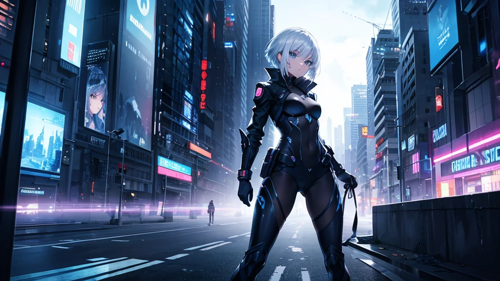 A girl fighting in a futuristic city,She has short silver hair and cold blue eyes..There is a black cat at the girl's feet..The girl looks as if she has made up her mind about something..