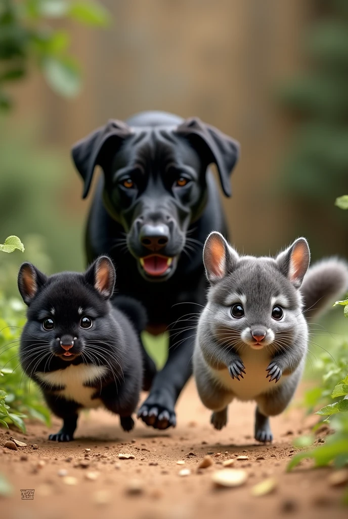 A black chinchilla with a white chest and another grey chinchilla chasing a black Labrador 