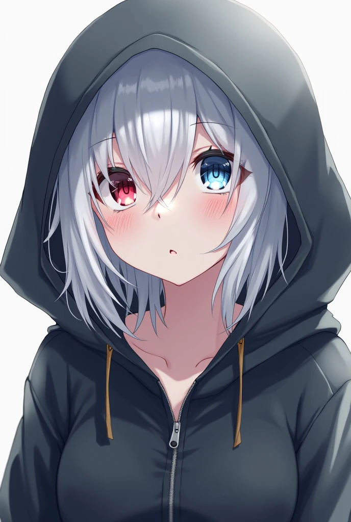 High resolution, Shortcuts, Silver Hair, Odd Eye, Simple Background,  Anime Style, blue eyes, Red eyes, Hood worn, Blushing, 