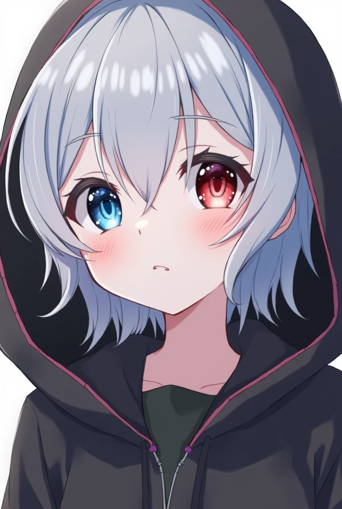 High resolution, Shortcuts, Silver Hair, Odd Eye, Simple Background,  Anime Style, blue eyes, Red eyes, Hood worn, Blushing, 