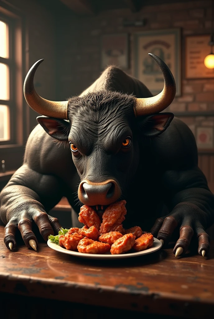 A tough bull sitting in a bar eating chicken wings




