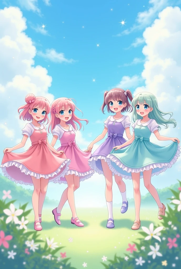 4 anime girls with pastel clothes different poses