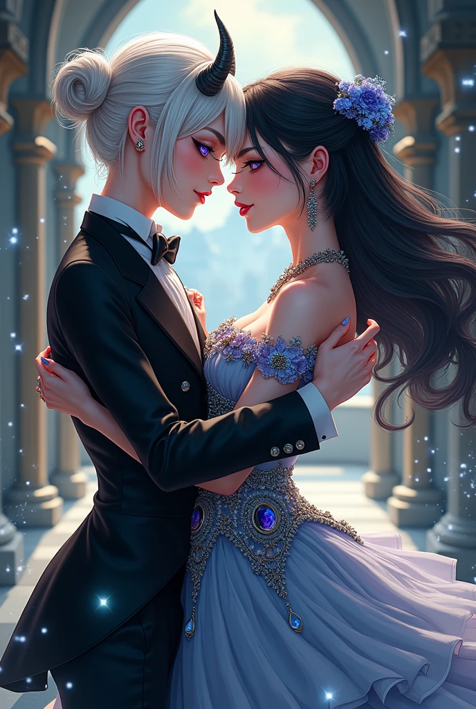 2 girls dancing a waltz, in a hug. 1 is a demon girl, with devil horns, white hair in a bun, blue eyes, elegant suit,. The other girl, is a human, has black hair and violet eyes, with a Victorian style dress with lots of jewelry and accessories. high quality, High Definition, 4k, Wallpaper, sparkles, beautiful, detailed eyes, detailed lips, Extremely detailed clothing, anime style, cute anime style, good drawed hands