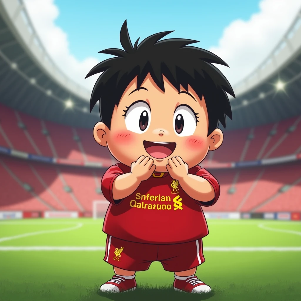 Cute chubby boy smiles in Toriyama Akira style, bows like a Thai and wears a Liverpool shirt, standing in a cartoon style. High-quality dynamic photos, detailed and colorful. Realistic and colorful poses, the background is Andfield Stadium.