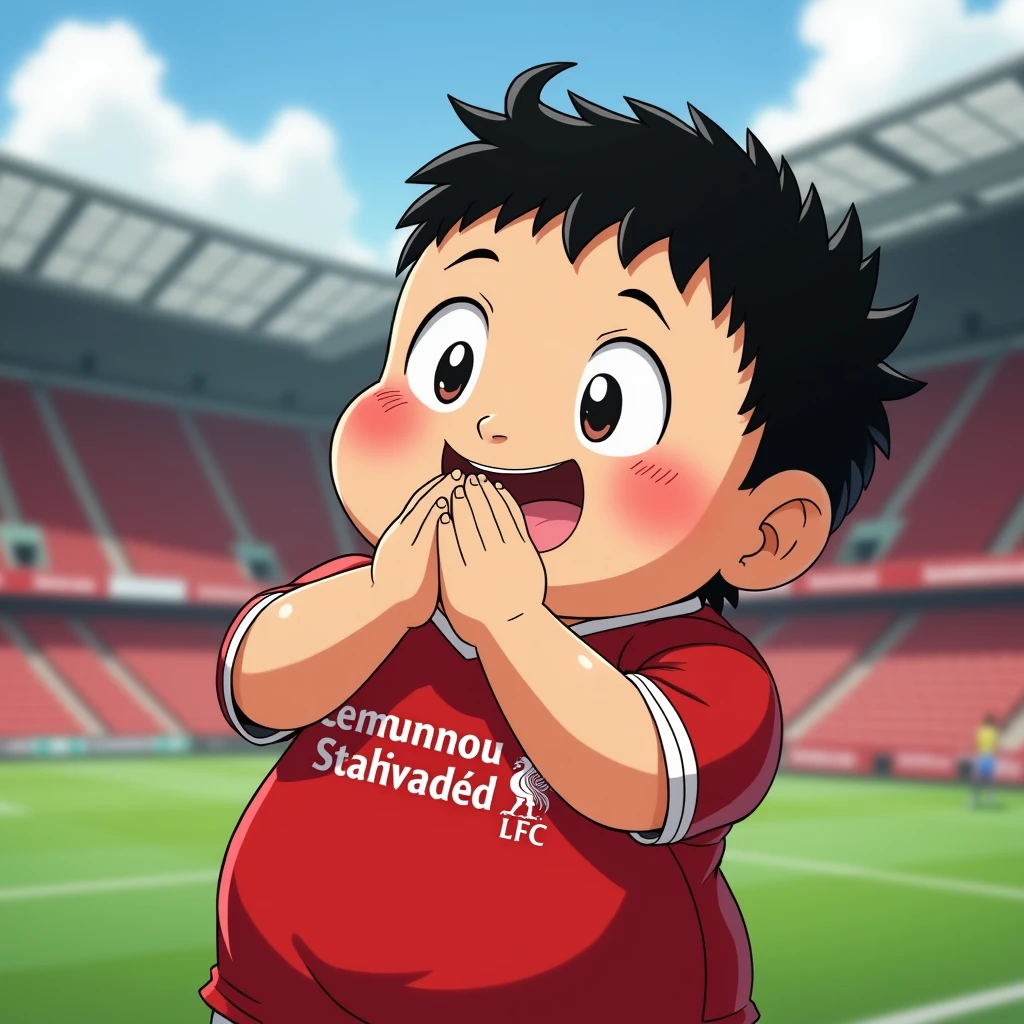 Cute chubby boy smiles in Toriyama Akira style, bows like a Thai and wears a Liverpool shirt, standing in a cartoon style. High-quality dynamic photos, detailed and colorful. Realistic and colorful poses, the background is Andfield Stadium.