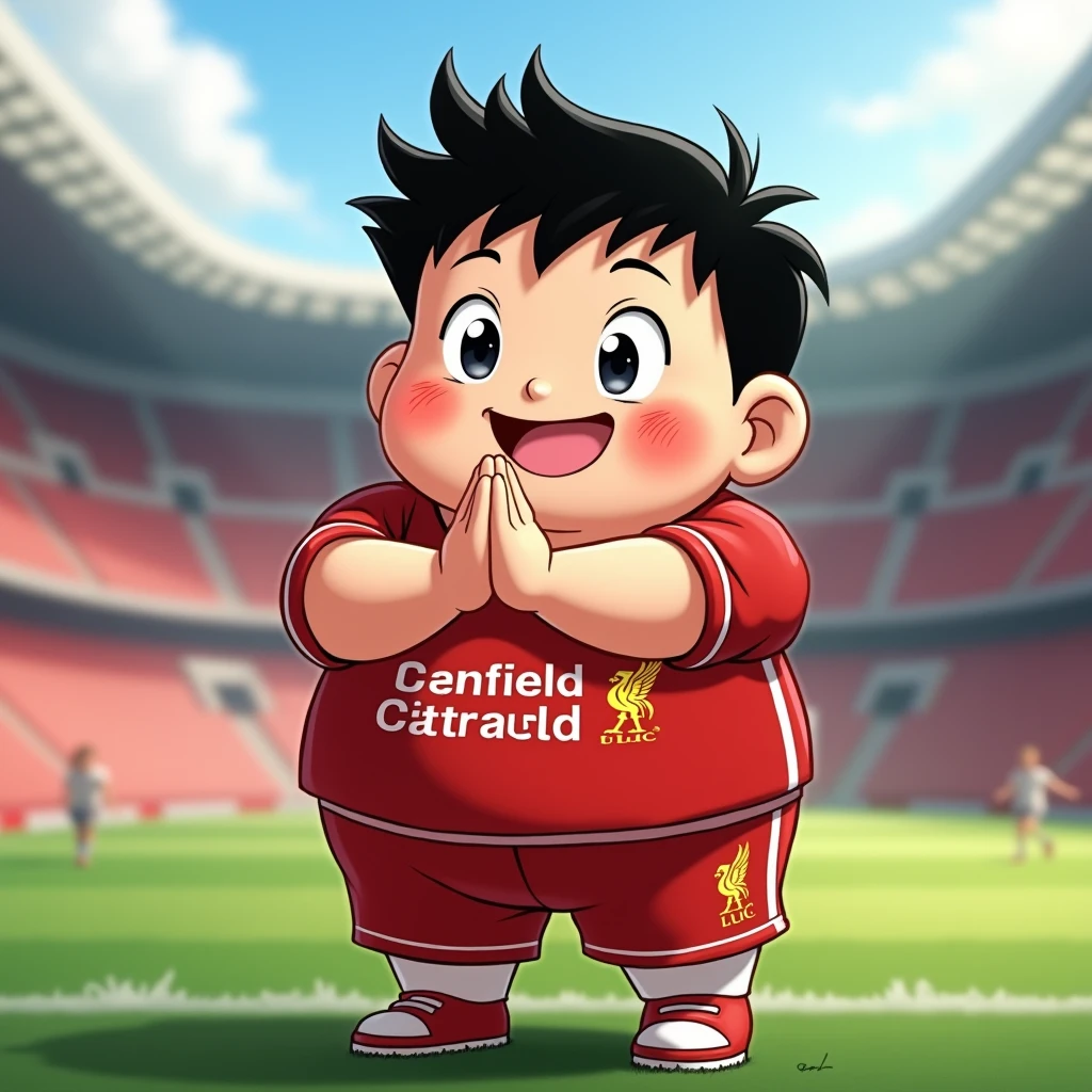 Cute chubby boy smiles in Toriyama Akira style, bows like a Thai and wears a Liverpool shirt, standing in a cartoon style. High-quality dynamic photos, detailed and colorful. Realistic and colorful poses, the background is Andfield Stadium.