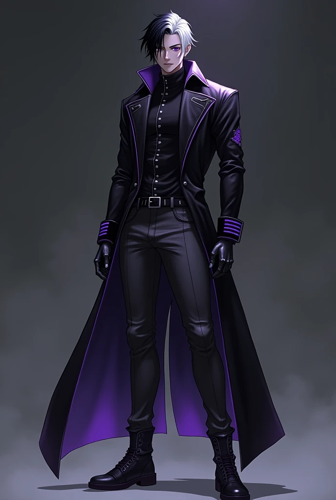 Sexy black skin man anime character Black hair with a white stripe on it, wearing a long black jacket and wearing a long, dark gray pants with glowing purple stripes on it and wearing boots