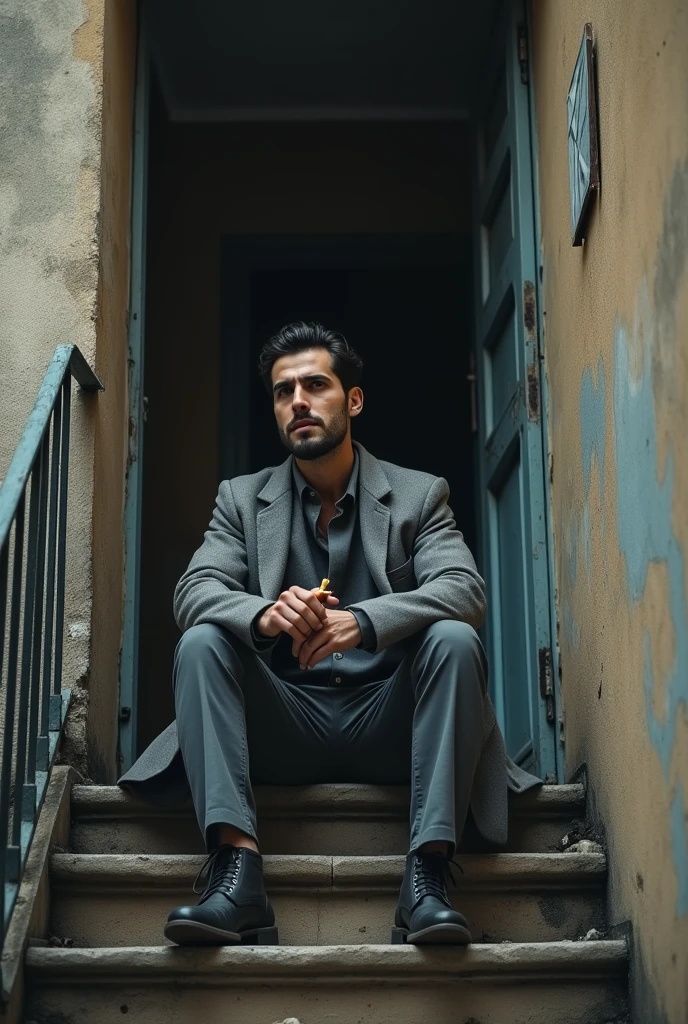 In a building Infront of an apartments gate It was a dilapidated apartment building. He was sitting on the top staircase, dressed in a long gray coat, relaxed. One boot was placed on the lower step and the other on the step below that. With his back against the wall and a burning cigar between his fingers, he was a very fair, handsome 30-year-old Turkish man