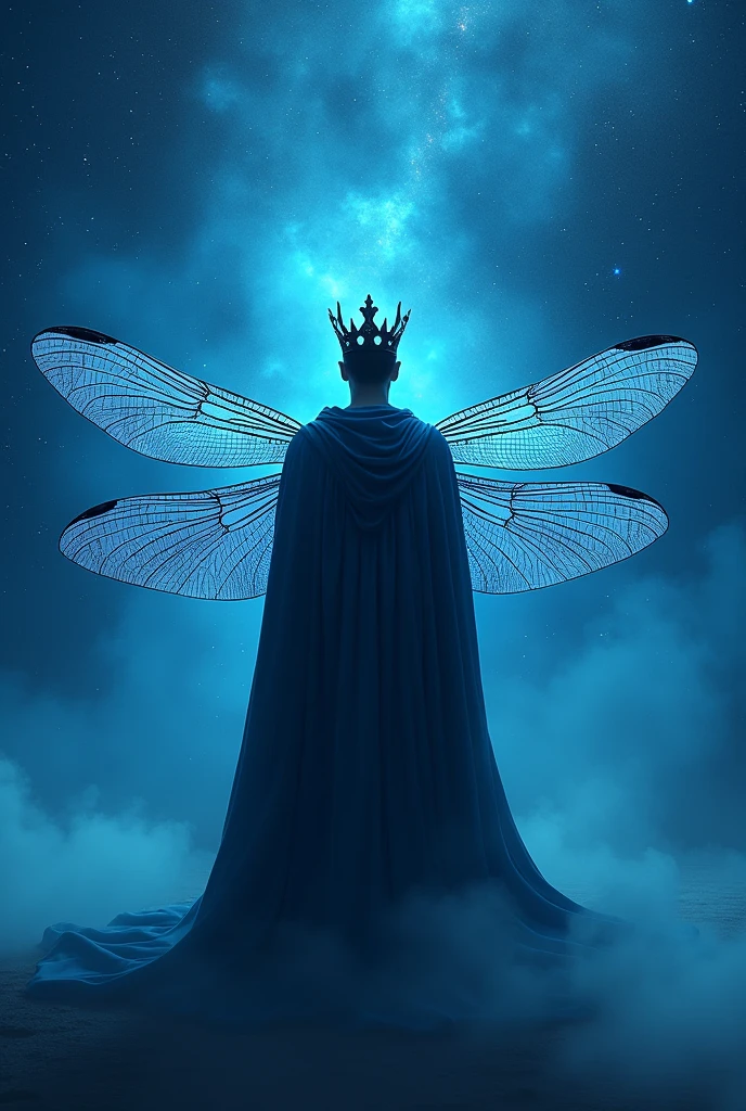 Male silhouette wearing cloak with dragonfly wings surrounded by blue star galaxy and black crown