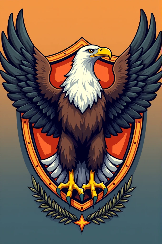 Generate a cartoonish image of a towering eagle inside a shield