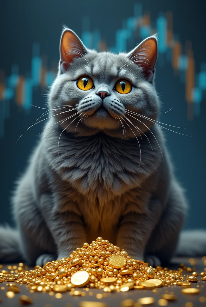 A fat gray cat sits looking at a pile of gold and the background is a blue and gray Forex chart.