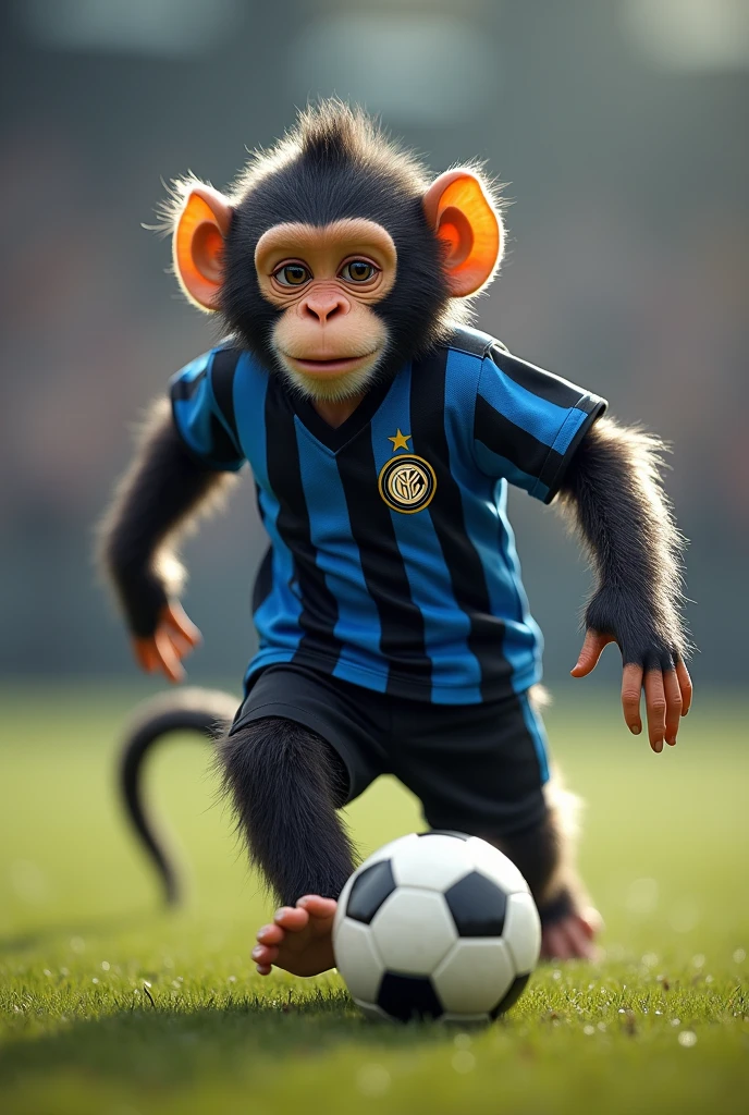 A monkey with a soccer ball wearing a blue and black Inter Milan jersey