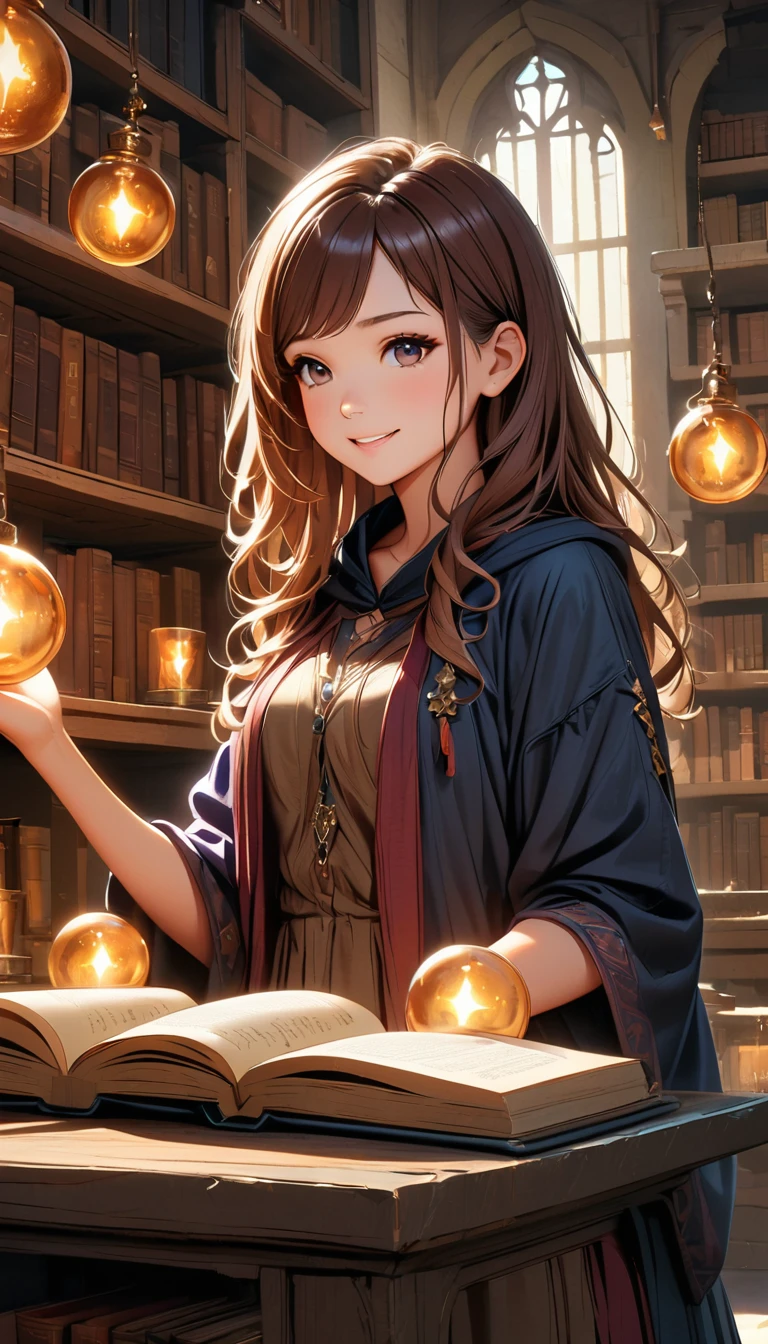 Subject: Beautiful young female apprentice wizard.
Appearance: Long chestnut brown hair, expressive hazel eyes, shy smile.
Attire: Deep blue robe with silver accents.
Setting: Ancient library classroom, with towering shelves of spell books, glowing orbs, and floating candles.
Mood: Enchanting, mysterious, warm, and inviting.
Art Style: High fantasy, realistic textures, soft golden lighting.