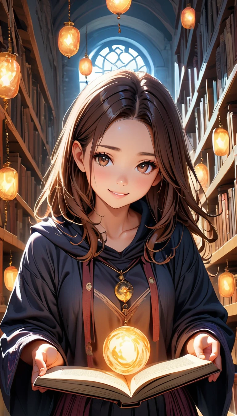Subject: Beautiful young female apprentice wizard.
Appearance: Long chestnut brown hair, expressive hazel eyes, shy smile.
Attire: Deep blue robe with silver accents.
Setting: Ancient library classroom, with towering shelves of spell books, glowing orbs, and floating candles.
Mood: Enchanting, mysterious, warm, and inviting.
Art Style: High fantasy, realistic textures, soft golden lighting.