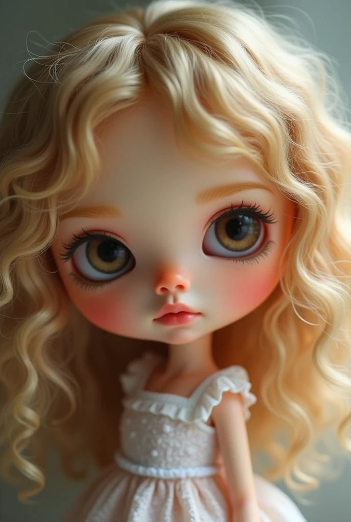 doll blythe, medium short curly hair, dark blonde, rounded slanted brown eyes, small round straight nose