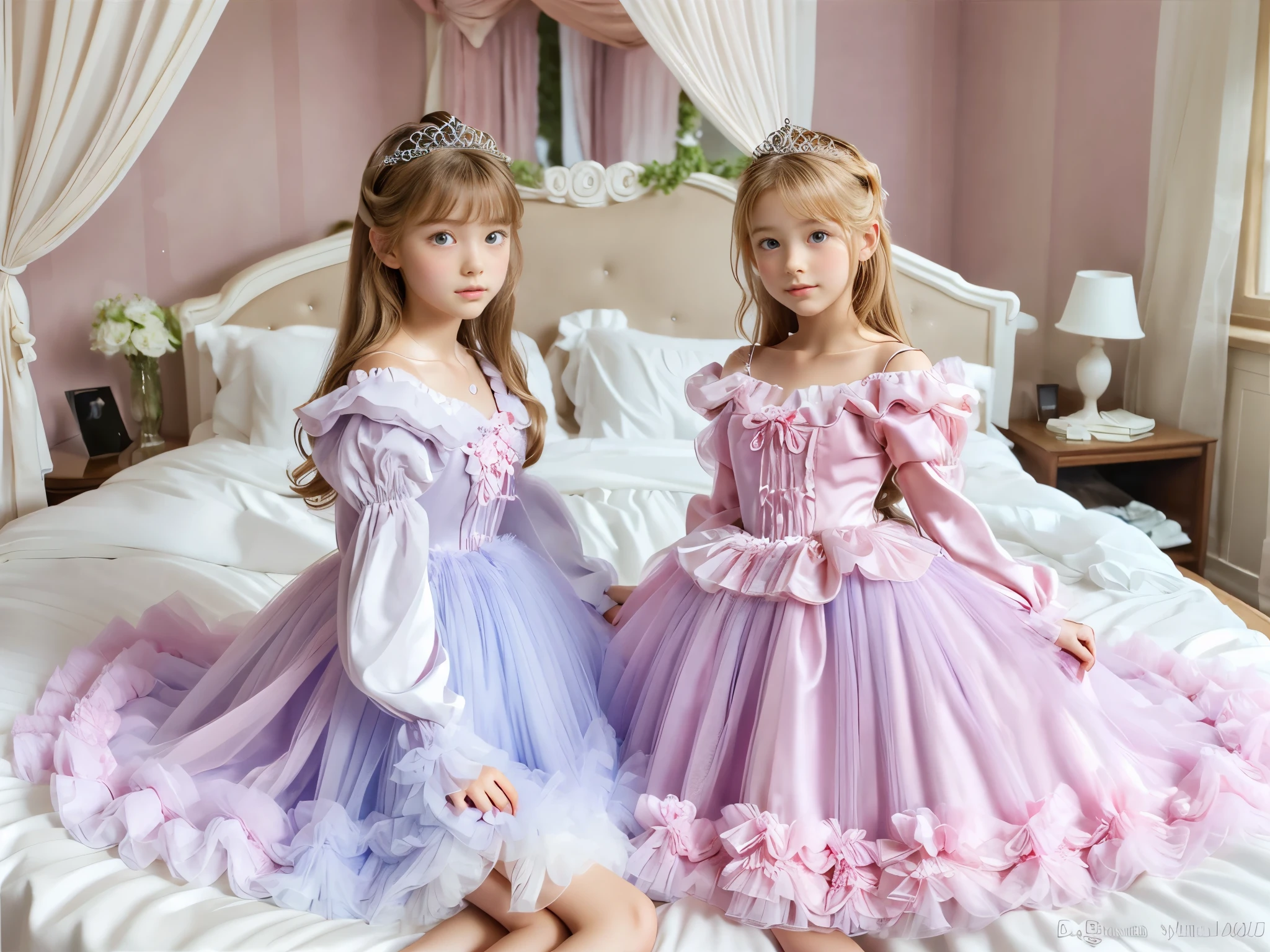 ,highest quality, masterpiece, highest resolution, artwork, 3k realistic pictures,((A short young girl))Ultra-detailed juvenile face,two are princesses,full length ball gown dress with hoop skirt,ruffled yoke collar,puff sleeves,long sleeve,((****ta style hot pink detailed princess satin dress with lots of ruffles and ribbons)),Rococo style ****ta fashion,shiny satin dress,Soft and smooth fabric,luxury,long blonde hair,blue eyes,white skin european,Pajama,((in the bedroom)),high quality princess canopy bed,