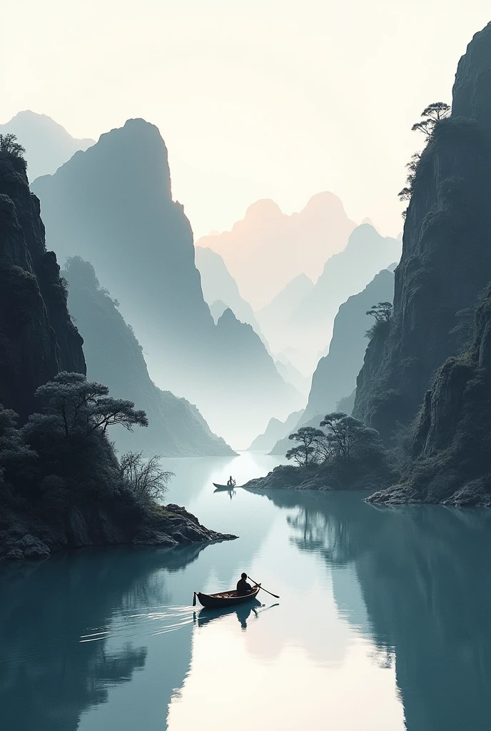 Chinese landscape painting,Ink画,Ink,Inky black,Soil,Vision,Ultra-wide viewing angle,meticulous, boat on the river,The scenery is mountains,(8k wallpaper),(Light and shadow effects),Octane Rendering,White balance design,高度detailed的图像描绘,Wide Angle,Depth of Field,masterpiece,Realistically,Beautifully depicted,detailed,Acura,masterpiece,masterpiece