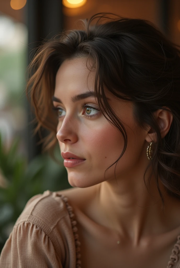 Une femme aux cheveux frisés court et matte de peau
On la voit de profil
Assise en train de discuter avec une amie
La photo doit être réaliste avec effet vieilli